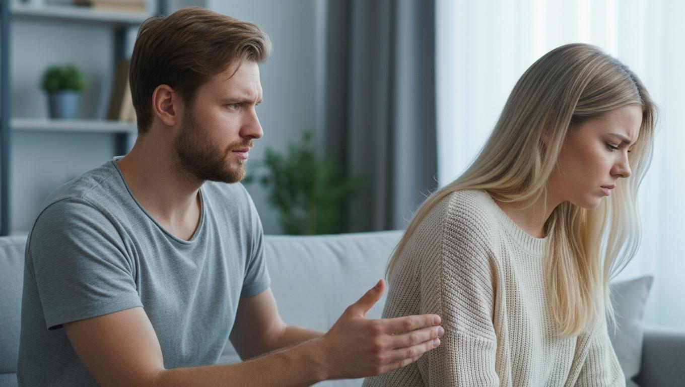 Мужчина пытается успокоить расстроенную девушку